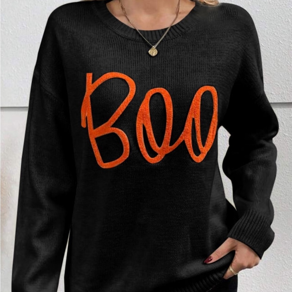 Host Pick 4x!🎉 BNWT- Black Crewneck Halloween Sweater with Orange “Boo”